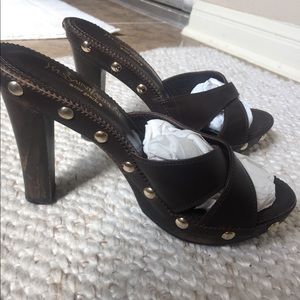 YSL Brown Wood and Leather Studded Heels